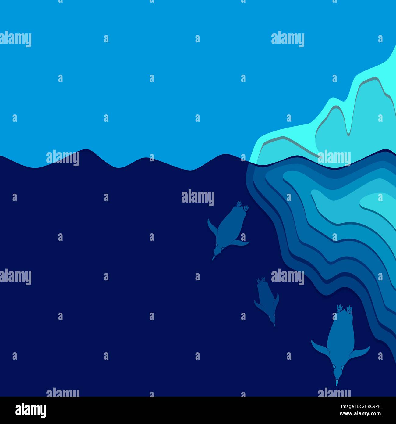 Illustrazione con iceberg e pinguini. Sfondo vettoriale colorato con posizione per il testo. Illustrazione Vettoriale