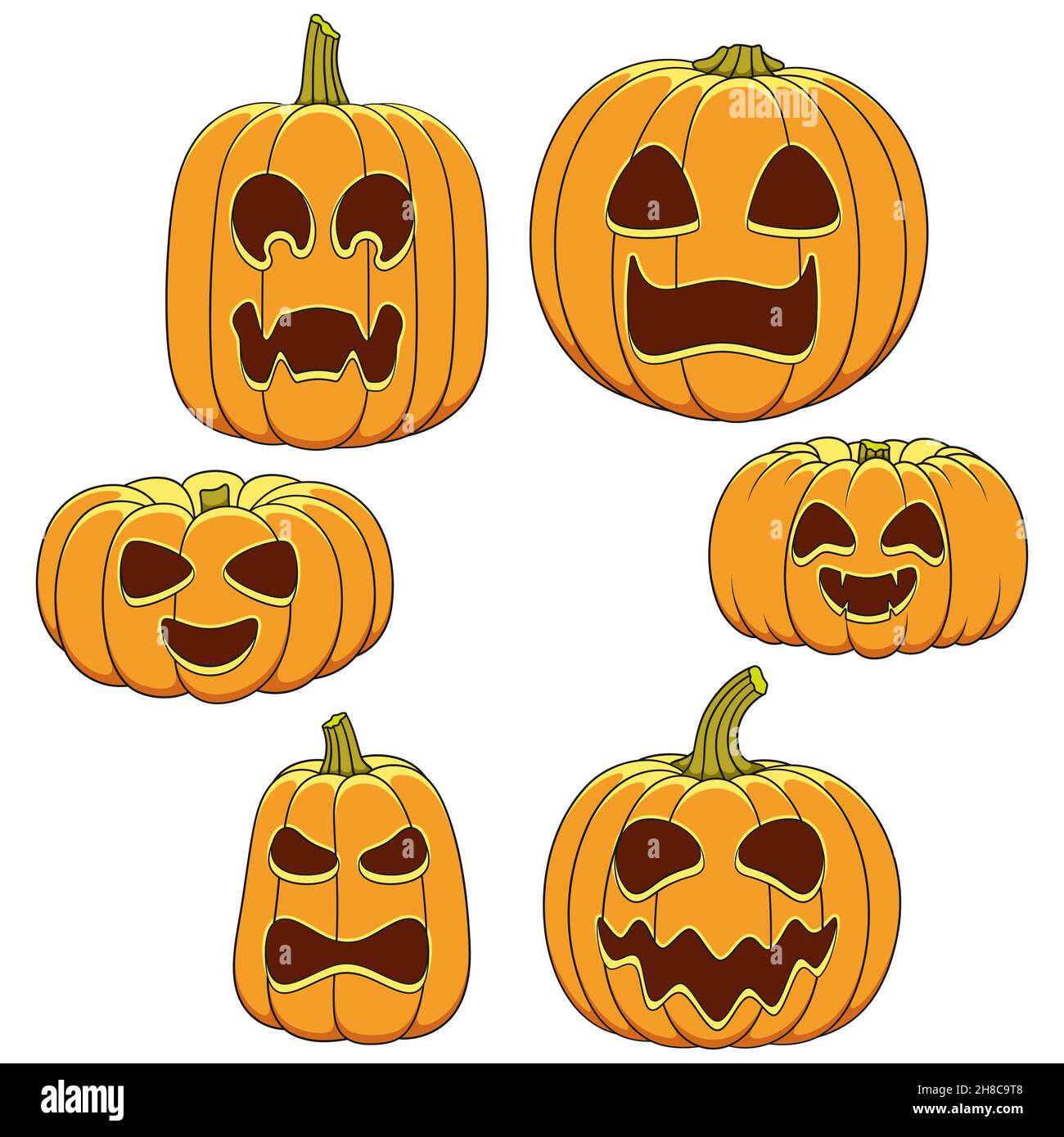 Set di illustrazioni a colori di zucche con volti per Halloween. Oggetti vettoriali isolati su sfondo bianco. Illustrazione Vettoriale