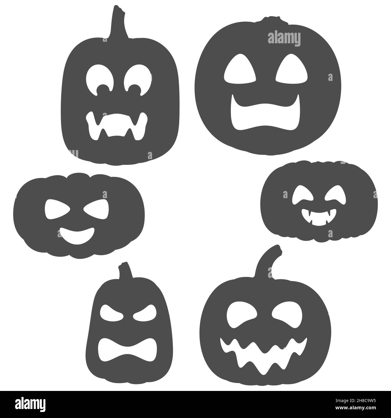 Set di zucche bianche e nere con facce per Halloween. Oggetti vettoriali isolati su sfondo bianco. Illustrazione Vettoriale
