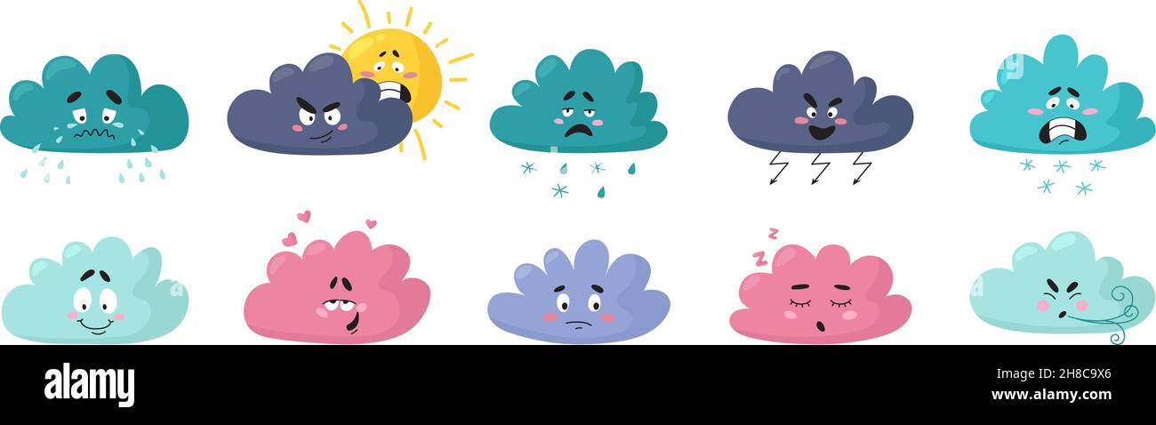 Fumetti meteo. Simpatico personaggio, emozioni cloud. Isolato arrabbiato, gioioso volti tristi. Disegno dell'acquazzone del bambino, icone nevose o piovose, insieme vettoriale di classe Illustrazione Vettoriale