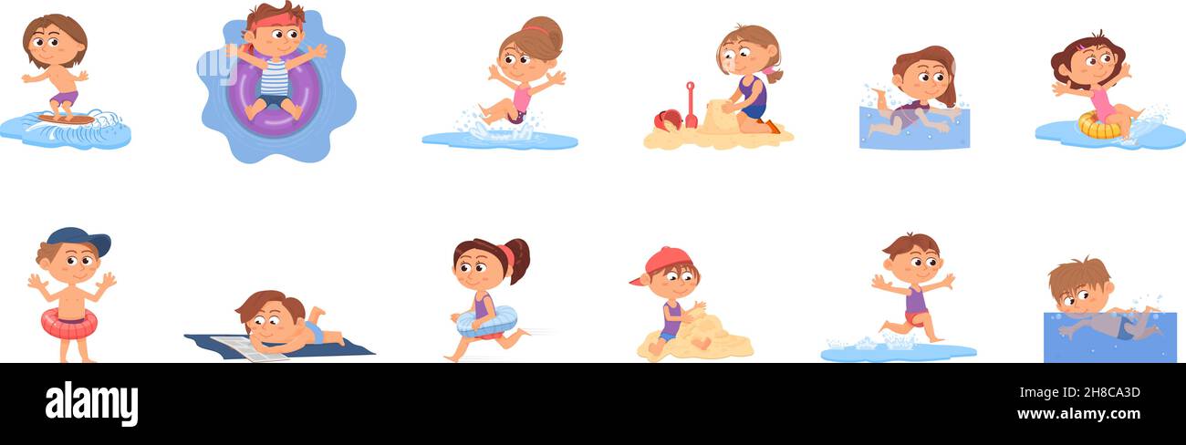 Nuoto bambini. Felice estate bambini, vacanze in spiaggia. Vacanze in piscina, ragazza fumettista con elementi da nuoto. Ocean Little caratteri decent vettore set Illustrazione Vettoriale