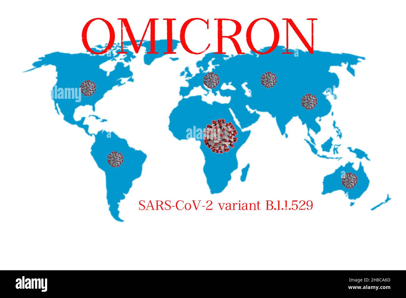 Omicron nuova variante di mutazione SARS B.1.1.529 concetto, con titolo. Illustrazione della nuova immagine del virus COVID-19 rispetto alla mappa del mondo su sfondo bianco. Foto Stock