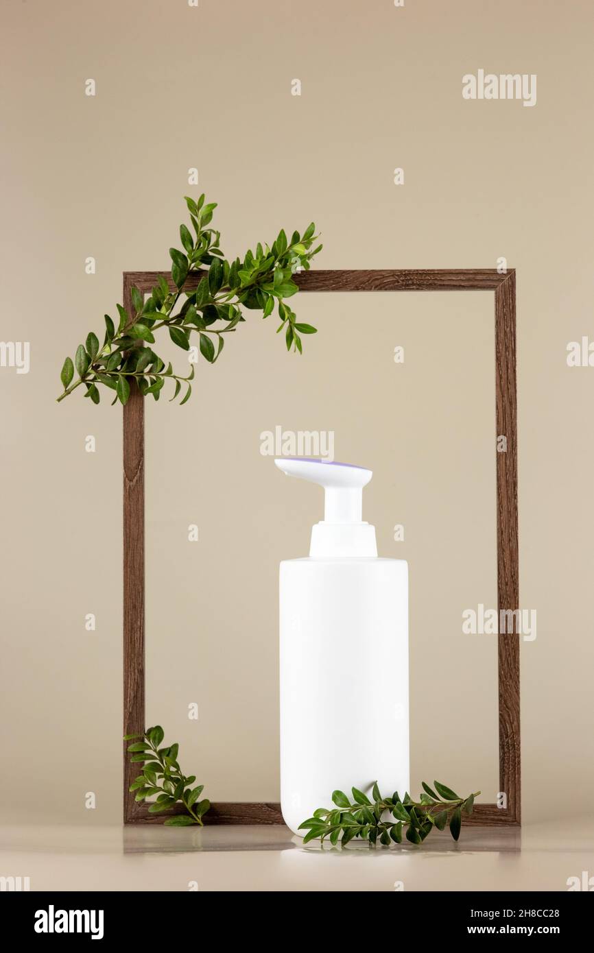 Bottiglia cosmetica bianca , si trova in una cornice di legno vuota con rami di una pianta verde Foto Stock