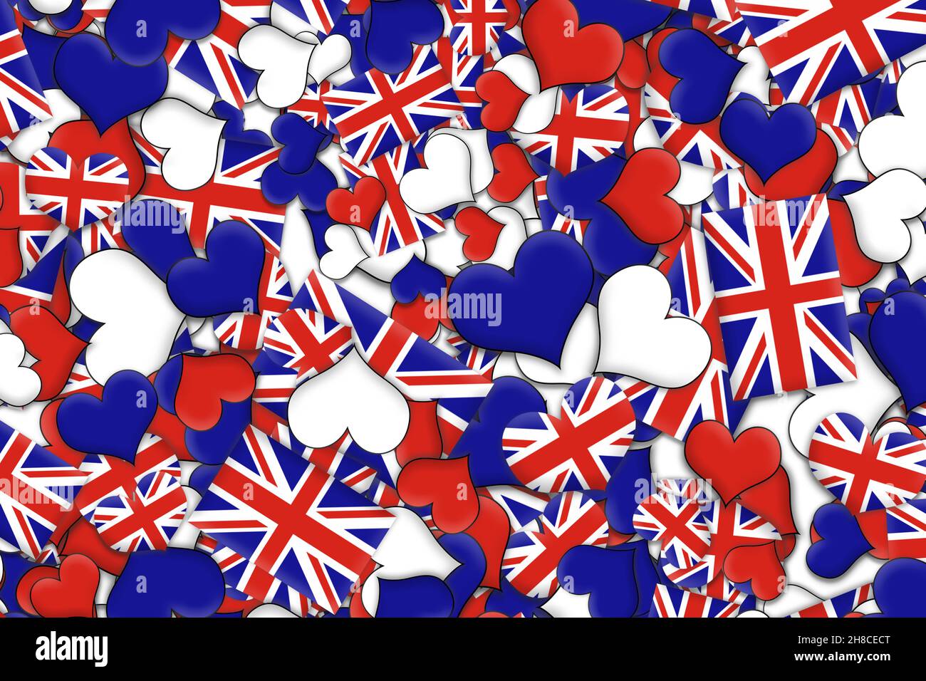 Illustrazione di sfondo 3d di strati di bandiere di Union Jack e di forme cardiache in rosso, bianco e blu. Amo il concetto britannico. Foto Stock