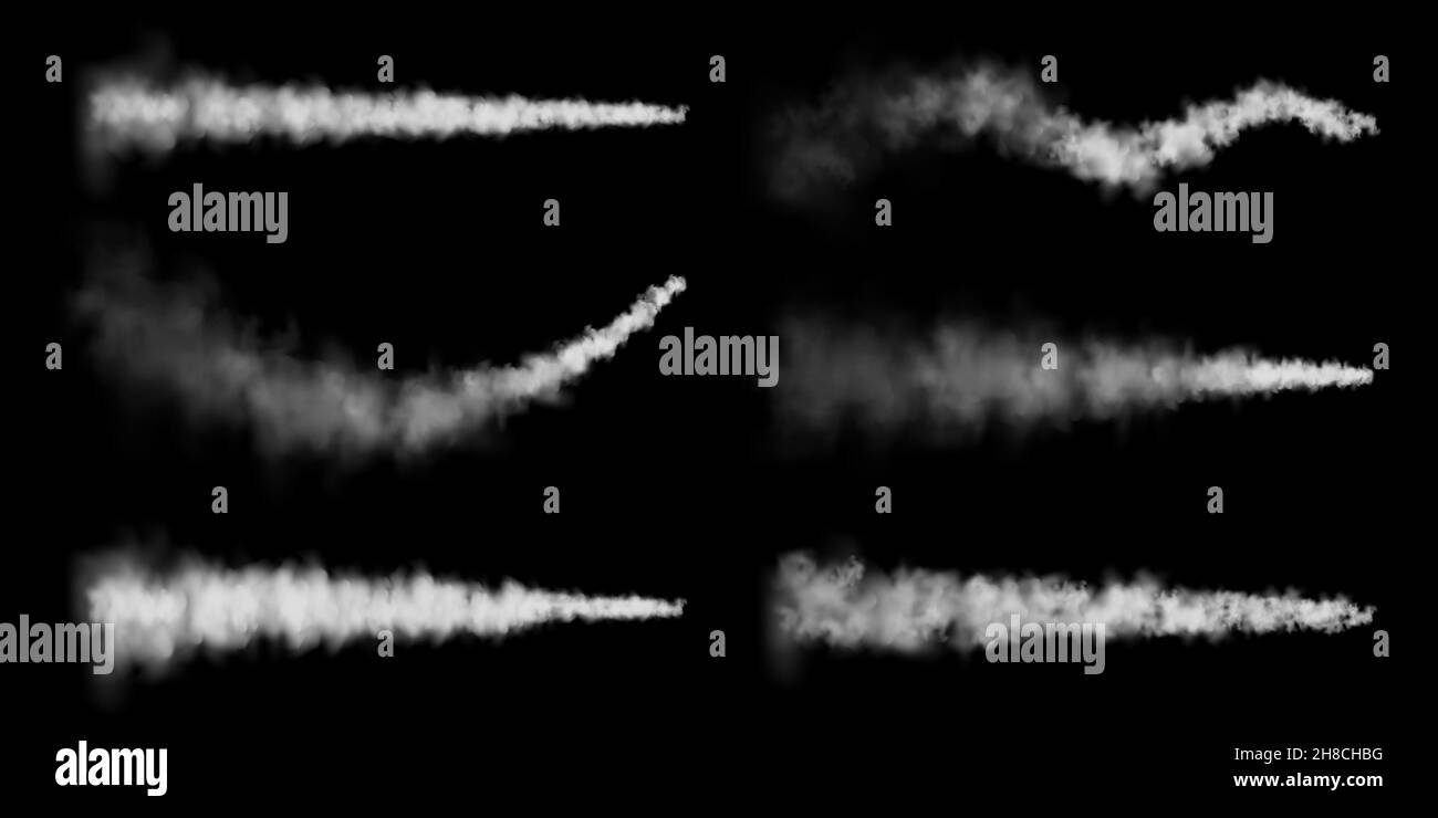 Percorsi realistici di condensazione in aereo. Lancio del razzo spaziale. Missile o bullet trail. Piste per aerei a reazione. Nuvole di fumo bianche, nebbia. Flusso di vapore. Vettore Illustrazione Vettoriale