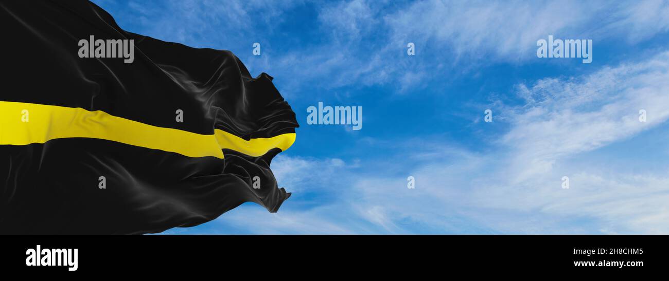 Visualizzazione panoramica del flag linea gialla sottile. Spazio di copia per striscioni larghi. Funzionari della sicurezza, sicurezza privata, investigatori privati, Bond agenti di coda Foto Stock