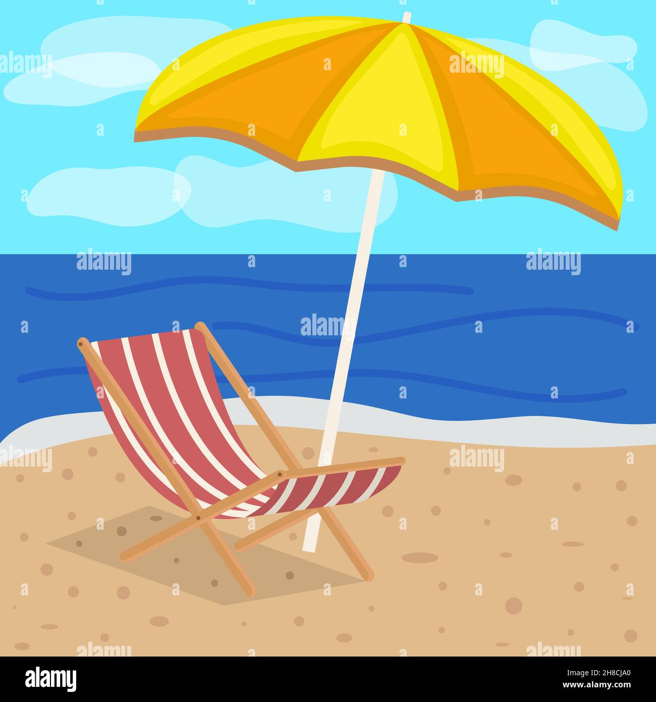 Ombrellone e lettino sulla spiaggia con sabbia sullo sfondo del mare e del  cielo Immagine e Vettoriale - Alamy