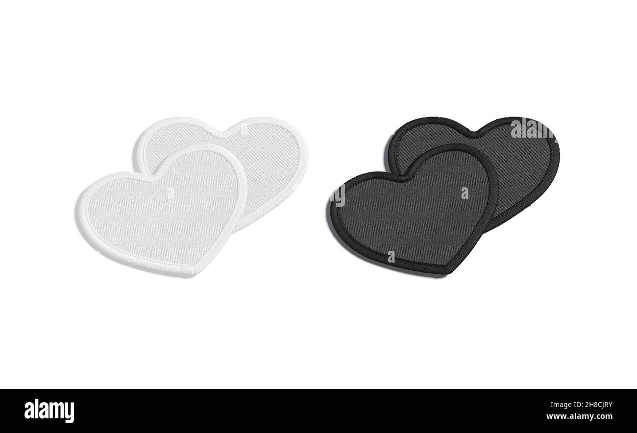 Coppia di mockup in toppa nera e bianca con cuore ricamato, isolato Foto Stock
