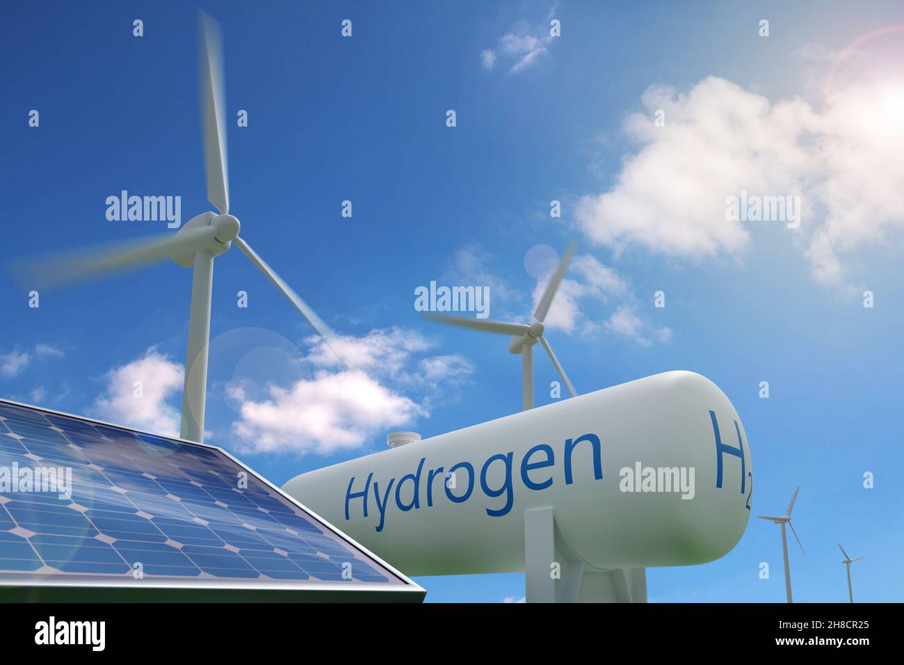 Serbatoio di idrogeno, pannello solare e mulini a vento su sfondo cielo blu. Concetto di energia sostenibile ed ecologica. illustrazione 3d. Foto Stock