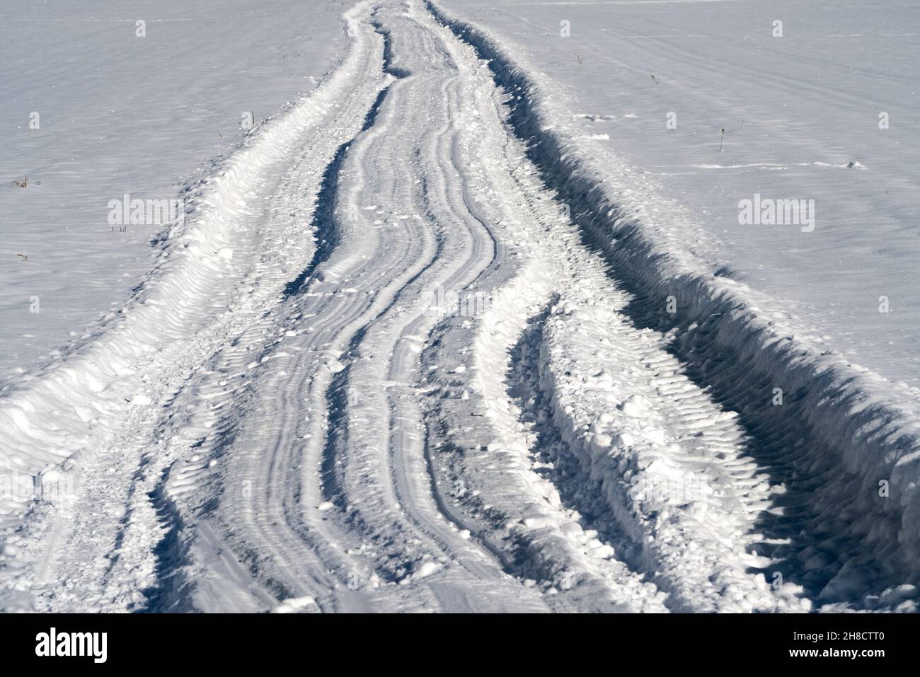 Bike Way R1 in inverno, vicino a Gewissensenruh, Wesertal, Weser Uplands, Weserbergland, Assia, Germania Foto Stock