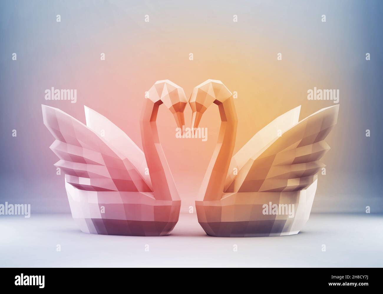 Cigni poligonali, due cigni amano il concetto, rendering 3d Foto Stock