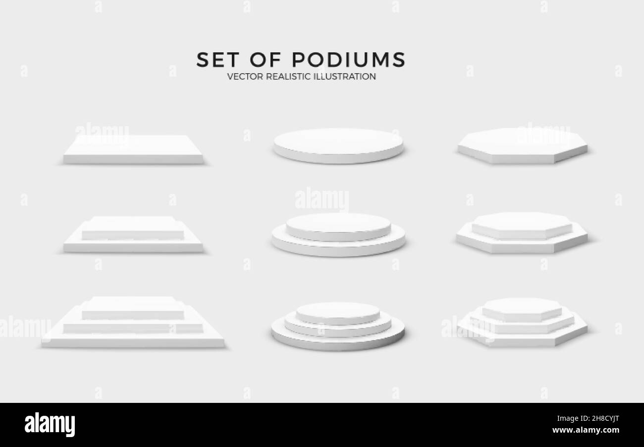Raccolta di tavole rotonde esagonali e quadrate. Set di podi vuoti isolati su sfondo bianco. Illustrazione vettoriale Illustrazione Vettoriale
