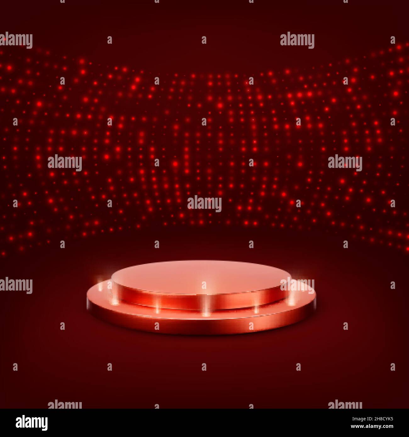 Sfondo di illuminazione del palco con effetti luce spot. Scena del podio per la cerimonia di premiazione su sfondo rosso. Illustrazione vettoriale Illustrazione Vettoriale