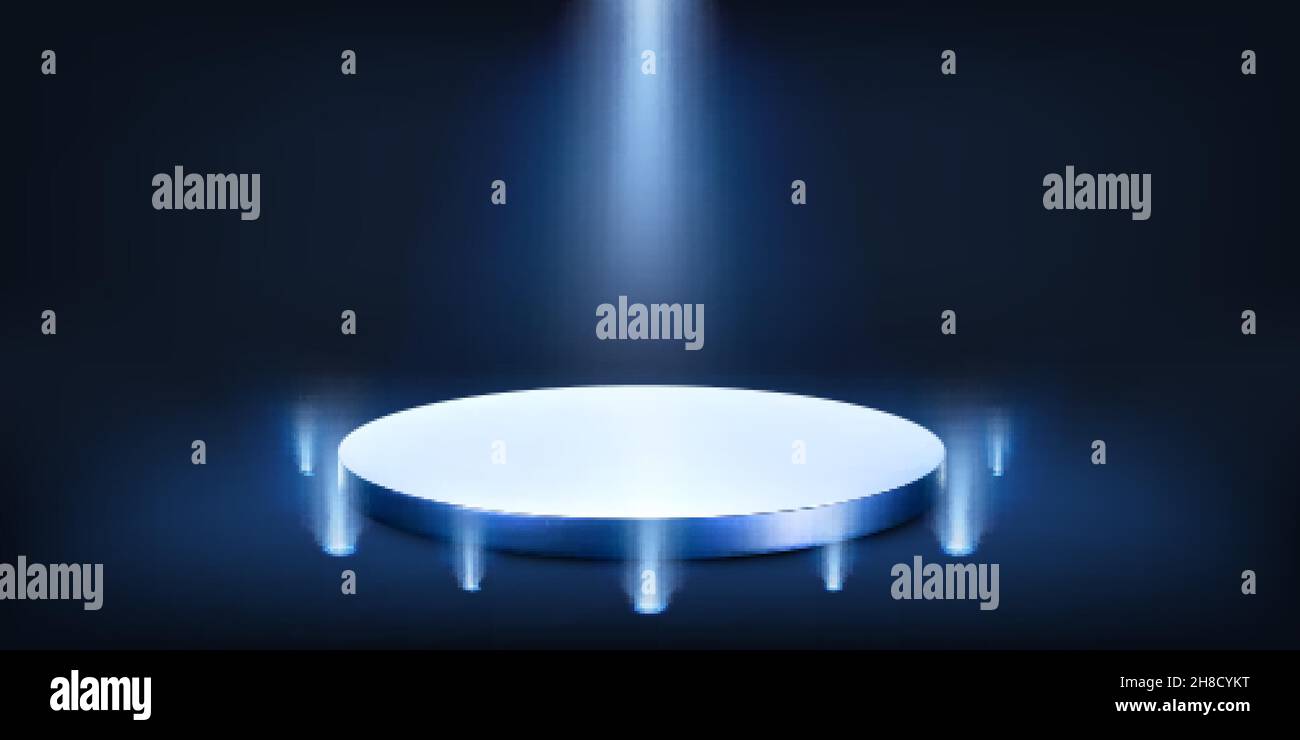 Podio rotondo blu su sfondo scuro. Piedistallo vuoto per la cerimonia di premiazione. Piattaforma illuminata da faretti. Illustrazione vettoriale Illustrazione Vettoriale