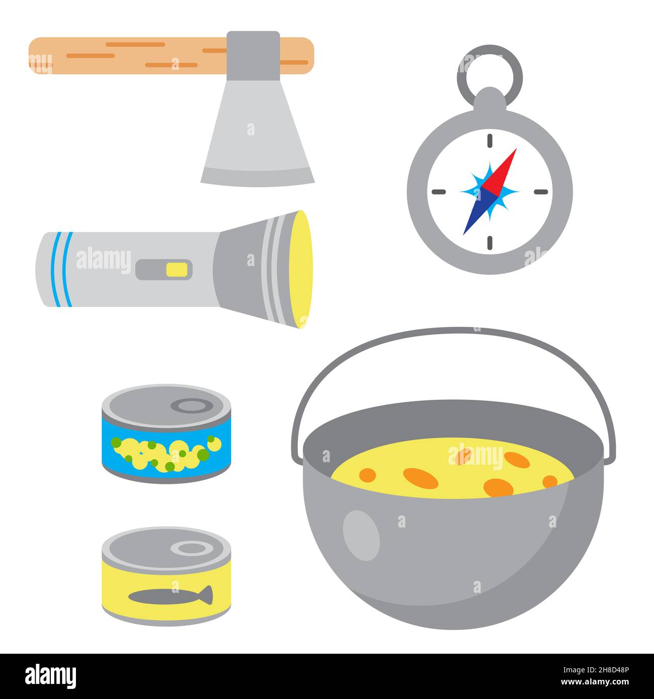 Set di attrezzature turistiche e da campeggio. Bussola, ascia, torcia elettrica, pentola con cibo, fiammiferi scatola e cibo in scatola. Cose per vacanze attive. Bagagli Illustrazione Vettoriale