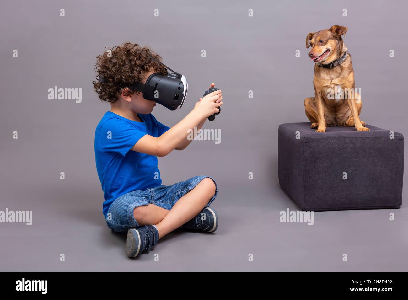 Ragazzo caucasico riccio e suo cucciolo con occhiali per realtà virtuale su sfondo grigio Foto Stock