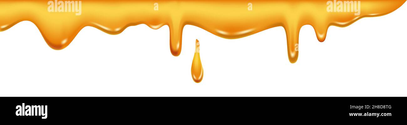 Dolce che scorre il miele gocciolando su sfondo bianco, realistico vettore illustrazione primo piano Illustrazione Vettoriale