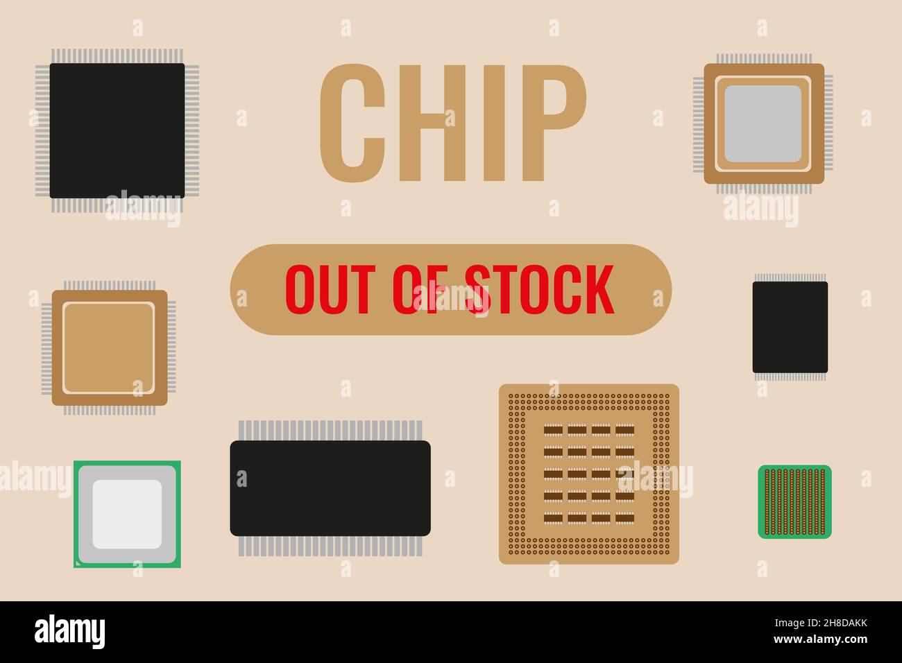 Chip semiconduttori e testo – esaurito. Concetto di carenza di chip nel mondo. Illustrazione Vettoriale