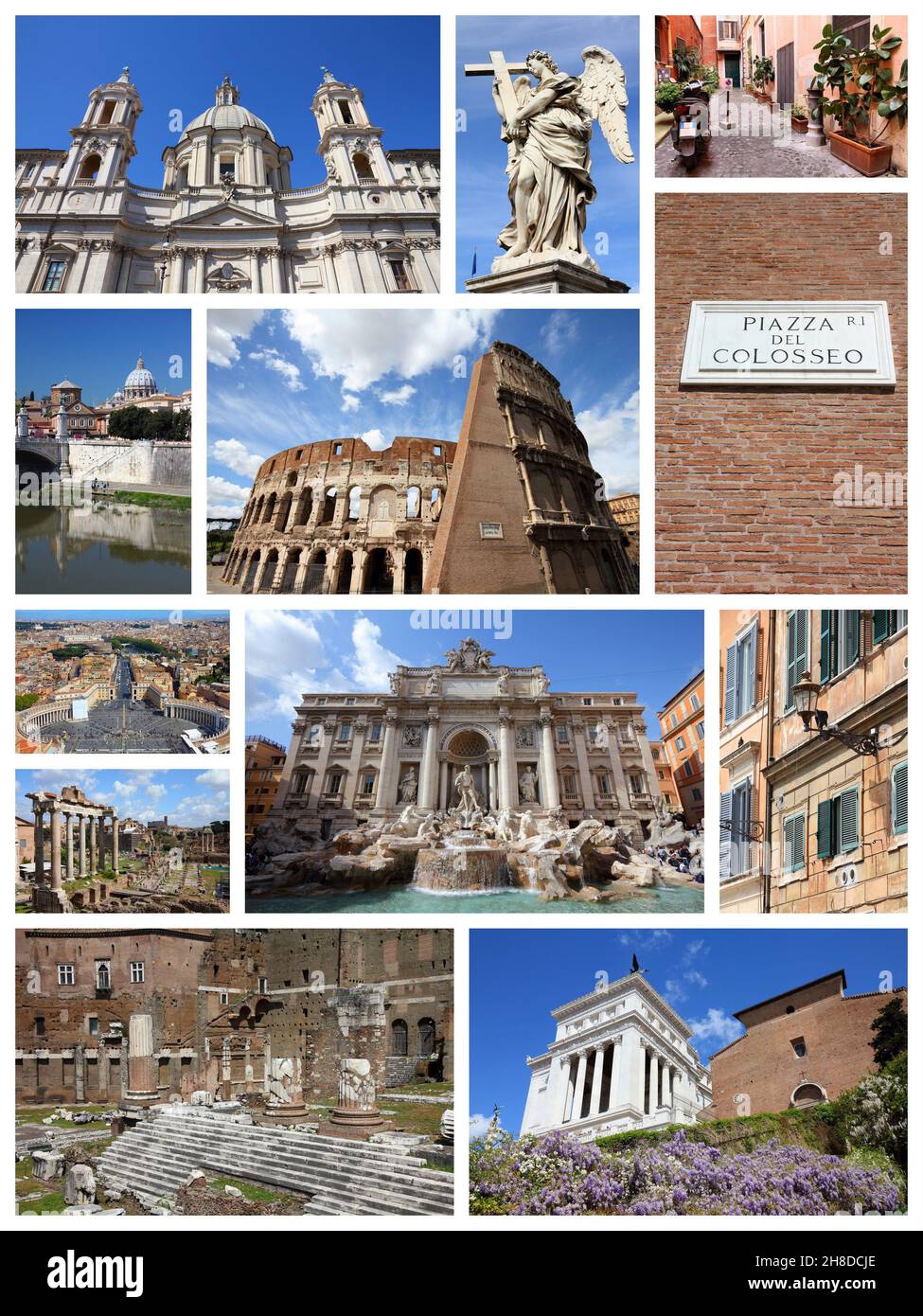 Roma, Italia - collage di foto di viaggio con il Foro Romano, il Vaticano, il Colosseo e la Fontana di Trevi. Foto Stock