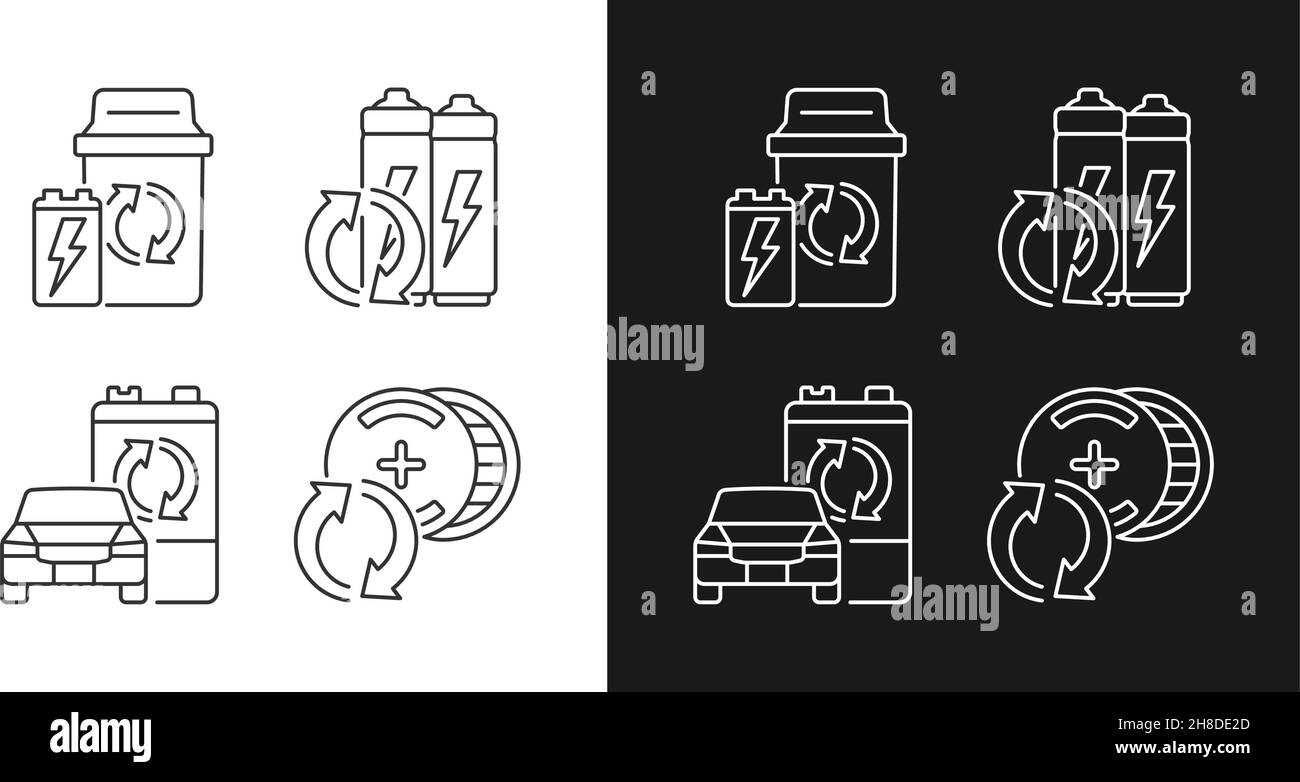 Tipi di batteria riciclabili icone lineari impostate per la modalità buio e luce Illustrazione Vettoriale