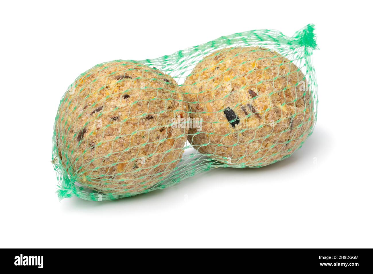 Coppia di palle grasse con seme in una rete come cibo invernale per uccelli selvatici isolati su sfondo bianco Foto Stock