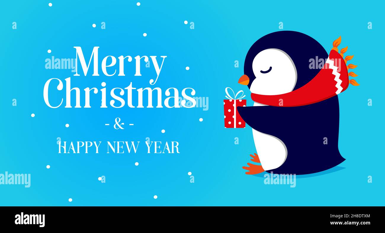 Pinguino carino in una sciarpa rossa e un regalo in mano su sfondo blu Illustrazione Vettoriale