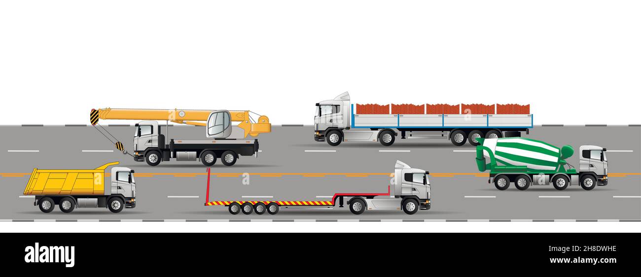 Traffico stradale in autostrada. Macchine per costruzioni. Treno su strada, caricatore basso, piattaforma, miscelatore, autocarro con cassone ribaltabile, gru per camion. Illustrazione vettoriale piatta. Illustrazione Vettoriale