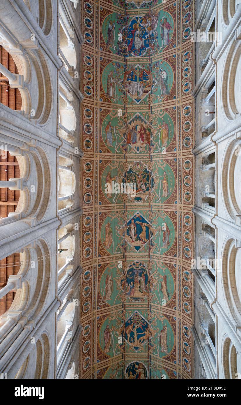 Inghilterra, Cambridgeshire, Ely Cathedral, interno che mostra il suggestivo soffitto dipinto sopra la nave Foto Stock