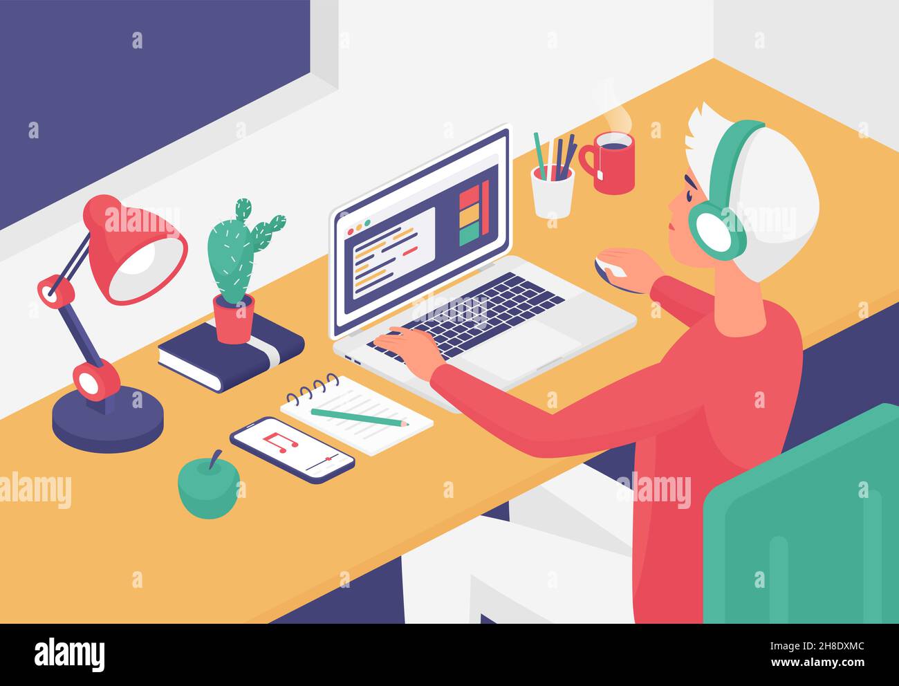 Uomo isometrico con cuffie che lavorano su un computer portatile per l'ufficio domestico illustrazione vettoriale. Cartoon 3d giovane uomo d'affari o studente uomo personaggio seduto a tavola da finestra a remoto lavoro o sfondo di studio Illustrazione Vettoriale