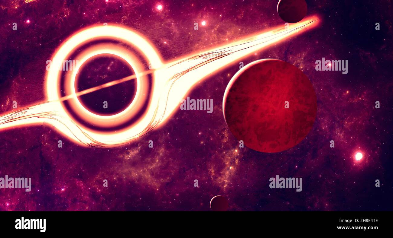 Vista di un buco nero, asteroidi e meteoriti in movimento. Universo in espansione, galassie. fantascienza. rendering 3d Foto Stock
