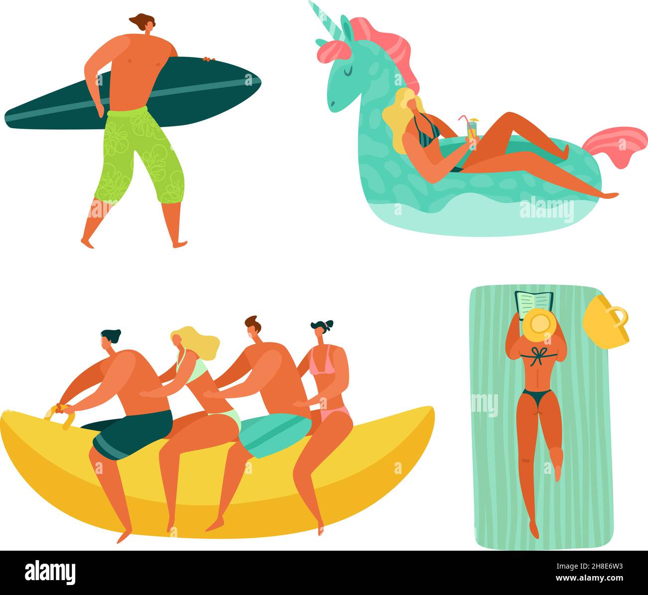 Gente della spiaggia. Vacanze estive via mare. Turisti prendere il sole e surf. Le persone cavalcano una banana gonfiabile o si rilassano sul cerchio di nuoto. Attività ricreative sull'oceano Illustrazione Vettoriale