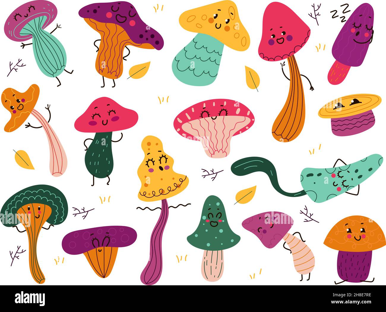 Simpatici personaggi di funghi. Divertente fungo della foresta cartoon, oggetti naturali antropomorfi fiabeschi, oggetti vegetali infantile, simpatico autunno divertente Illustrazione Vettoriale