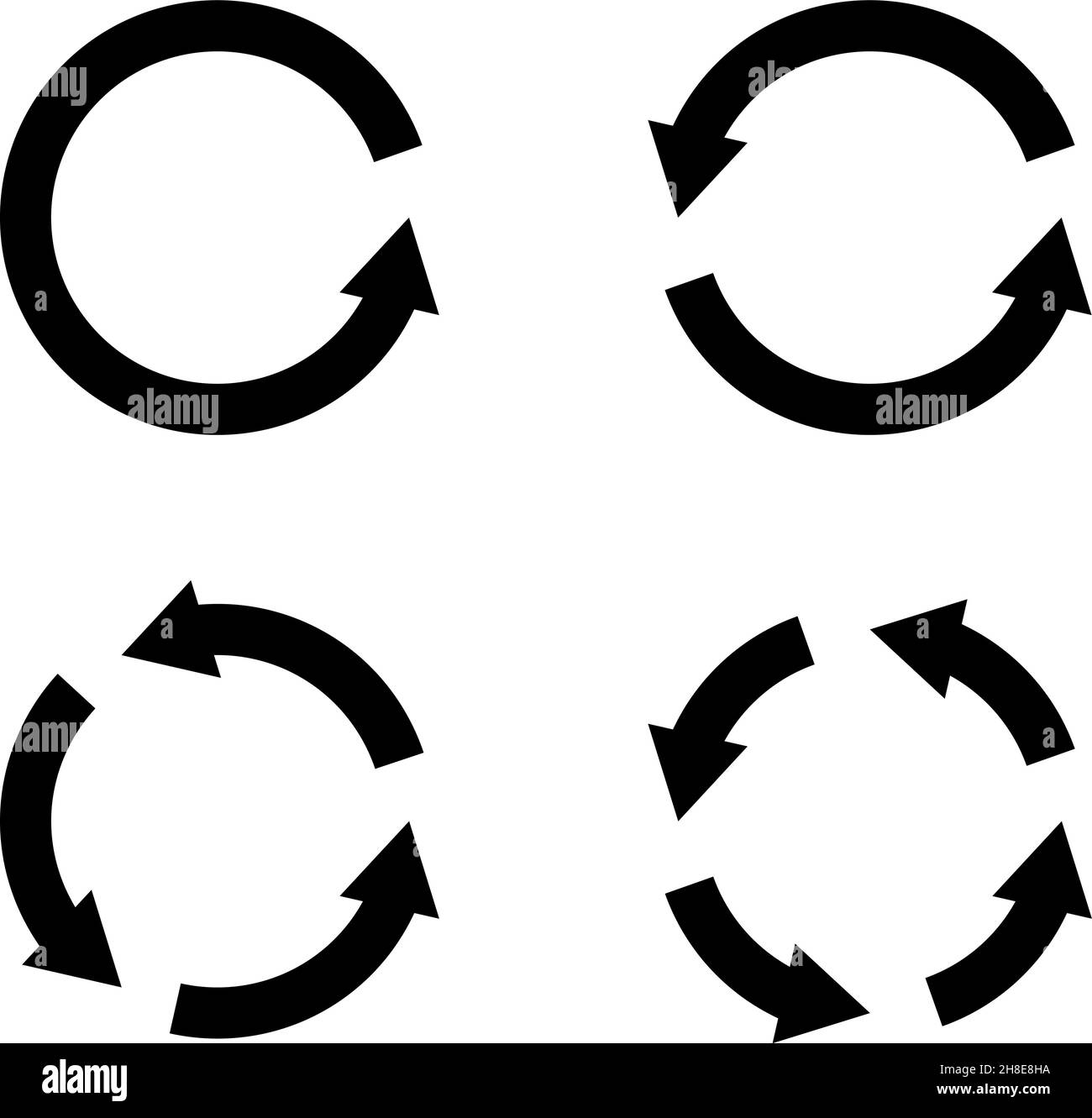 Ciclo ecologico di riciclaggio. Frecce nere. Segni circolari rotondi. Modelli di icone grafiche riciclabili per il riutilizzo dei rifiuti. Cerchi di rotazione. Protezione dell'ambiente Illustrazione Vettoriale