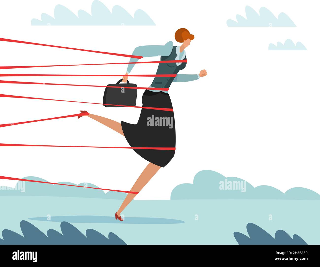 Difficoltà di lavoro o di carriera. Donna aggrovigliata in corde. Ostacoli e fallimenti della crescita professionale. Le filettature bloccano il movimento. Lavoratore legato con Illustrazione Vettoriale