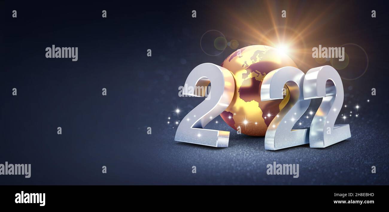 Happy New Year 2022 biglietto d'auguri : numeri di data argentata con un globo di terra d'oro, brillante su sfondo nero - illustrazione 3D Foto Stock