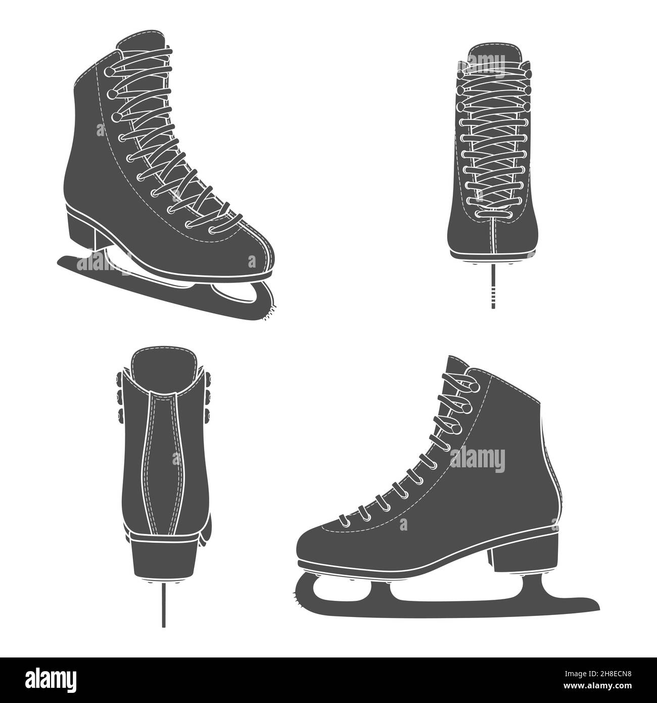 Set di immagini in bianco e nero con pattini per pattinaggio a figure. Oggetti vettoriali isolati su sfondo bianco. Illustrazione Vettoriale