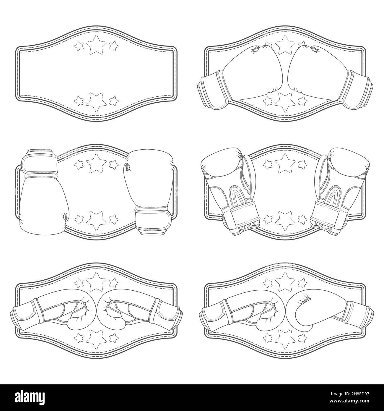 Set di illustrazioni in bianco e nero con guanti da boxe e cintura del vincitore. Oggetti vettoriali isolati su sfondo bianco. Illustrazione Vettoriale