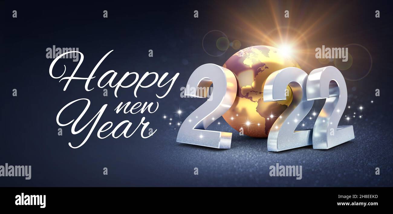 Happy New Year 2022 biglietto d'auguri : numeri di data argentata con un globo di terra d'oro, brillante su sfondo nero - illustrazione 3D Foto Stock