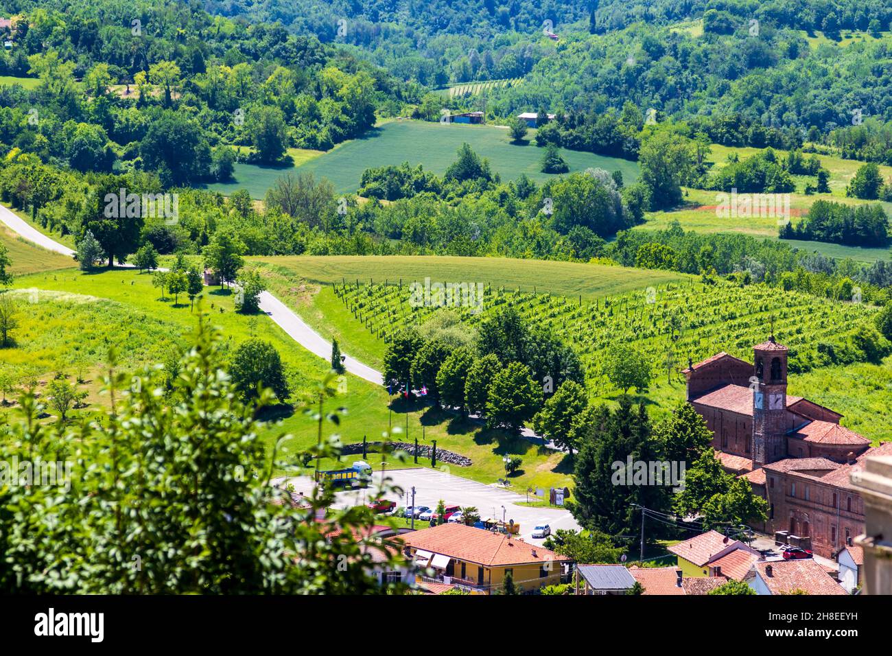 Gabiano Monferrato, Alessandria, Piemonte, Italia - Giugno 10 2021: Vista panoramica in una giornata di sole. Vigneto Langhe Foto Stock
