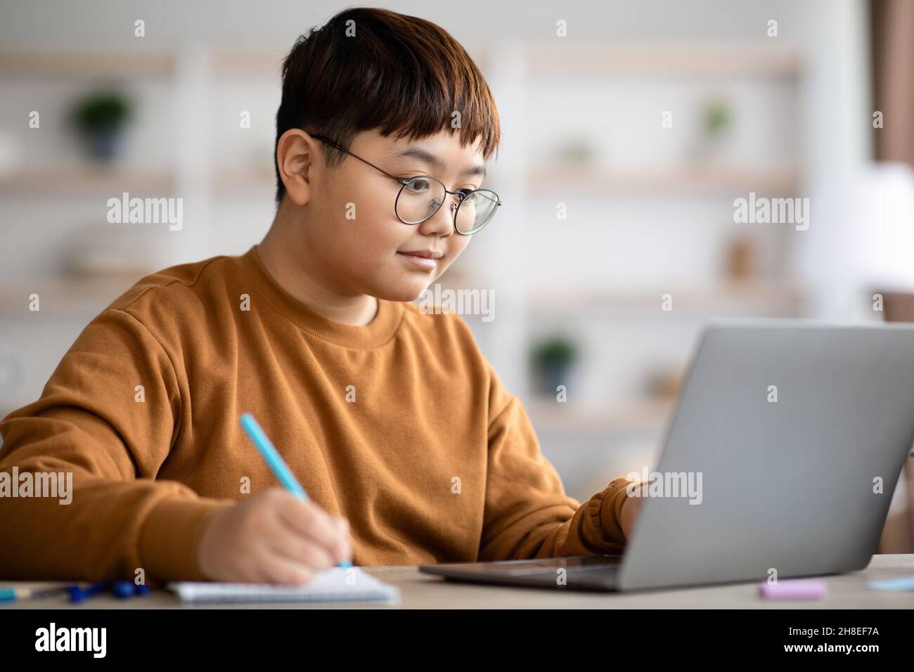 Primo piano di teenager cinese plump fare i compiti, utilizzando il laptop Foto Stock