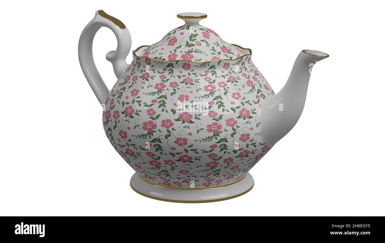 Una teiera bianca con un design floreale rosa e finiture dorate. La teiera è su uno sfondo bianco facile da rimuovere. Si tratta di un rendering 3d di alta qualità. Foto Stock