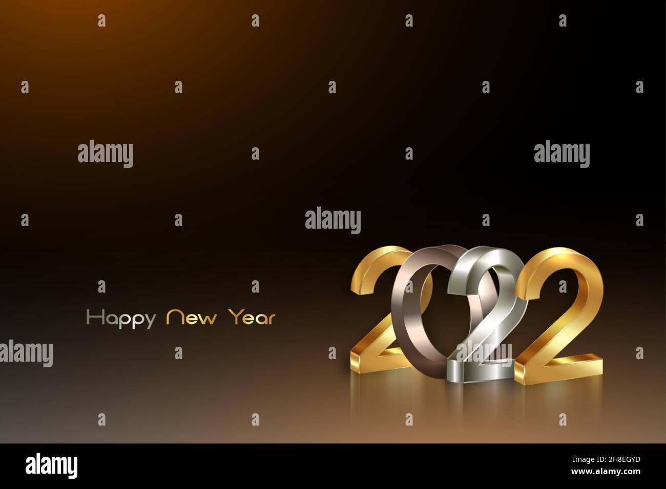 2022 lettere dorate, bronzee e argentate. Logo 3D di Capodanno per il biglietto di auguri per le feste. Illustrazione vettoriale isolato su sfondo scuro, moda della vigilia Illustrazione Vettoriale
