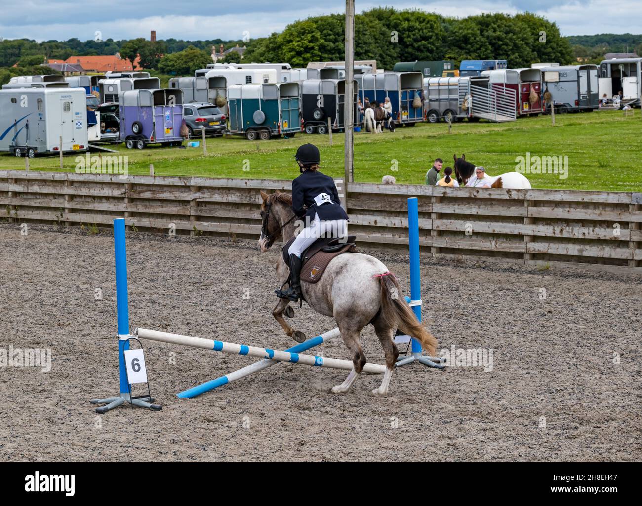 Girl cavalcando a cavallo saltando sopra i salti di cavallo nell'arena all'evento di cavallo estivo, East Lothian, Scozia, Regno Unito Foto Stock