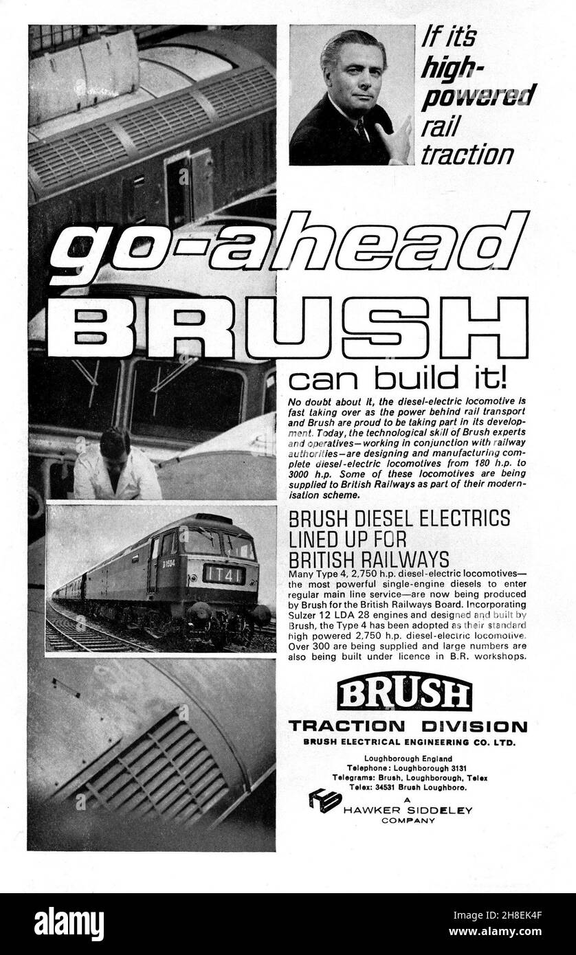 Un'annata Brush Traction advert per ingegneria ferroviaria e locomotiva edificio, 1964 Foto Stock