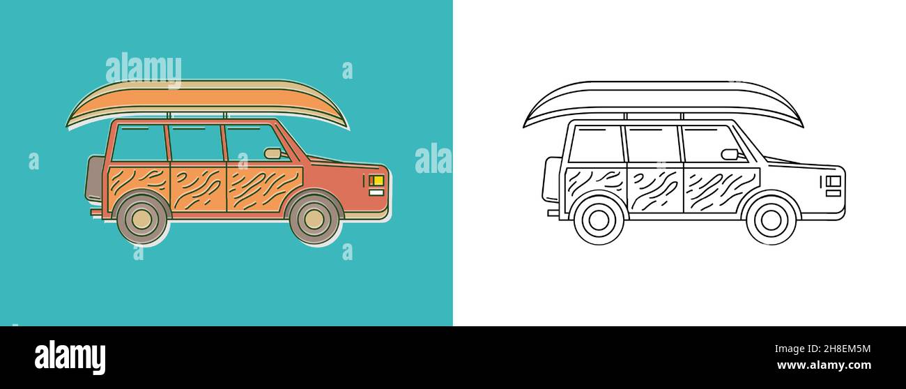 Auto d'epoca americana con barca. Simbolo viaggi e viaggi. Camping elemento per la stampa. Adesivo, spilla, patch. Illustrazione Vettoriale