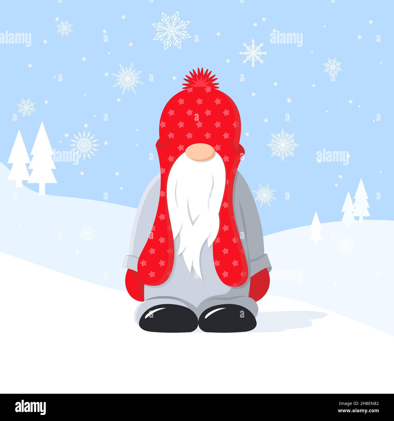 Biglietto di auguri di Natale con un simpatico gnome sullo sfondo invernale con fiocchi di neve. Vettore Illustrazione Vettoriale