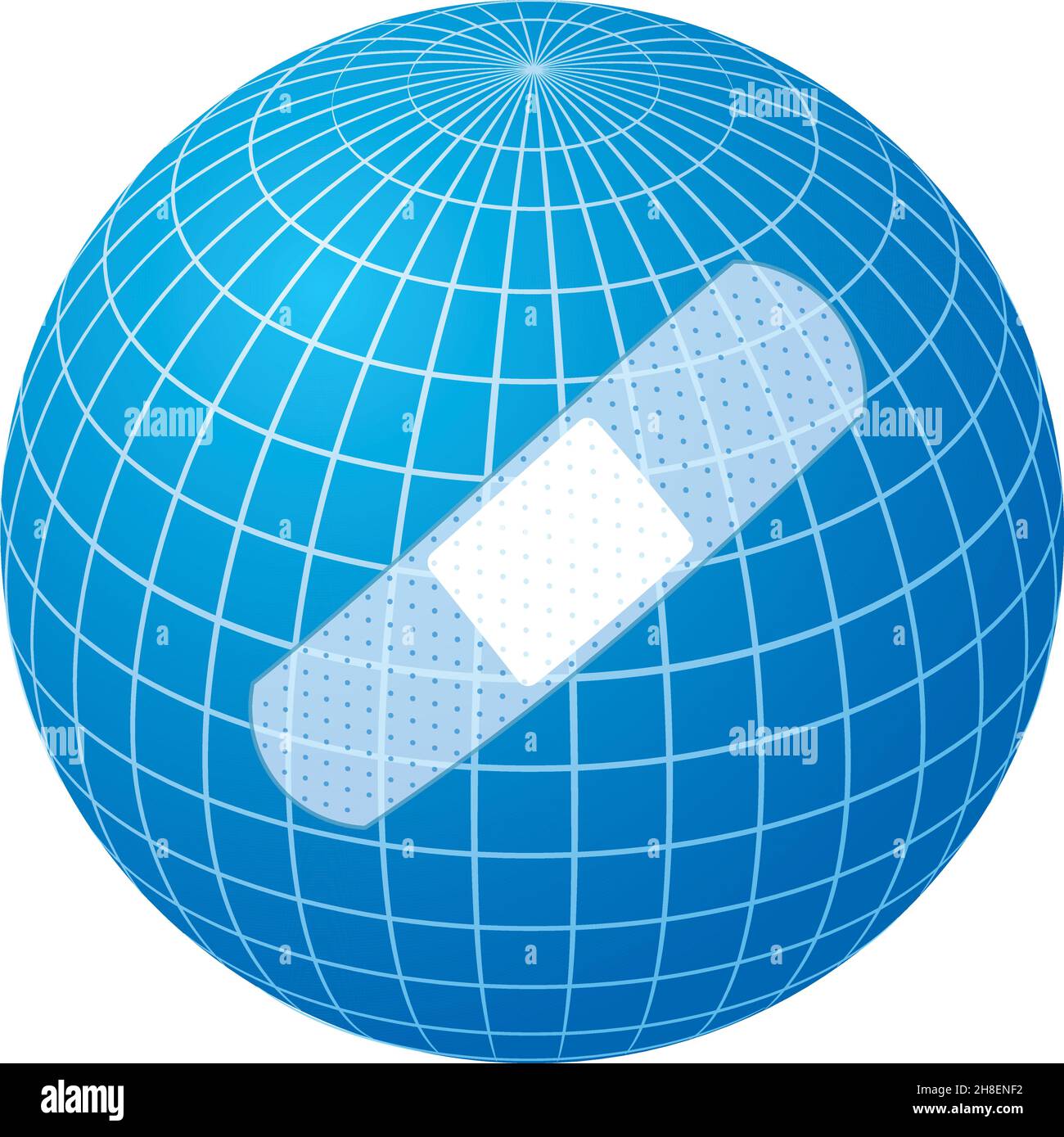 La vaccinazione del mondo del Covid. Vaccinati per contribuire a ridurre il rischio di cattura del coronavirus Covid-19. Globo vettoriale con ausilio banda. Illustrazione Vettoriale