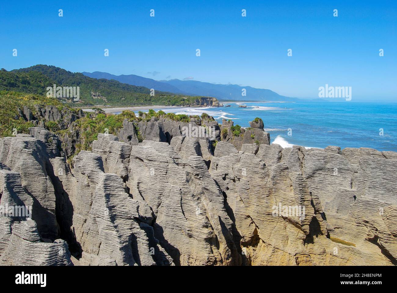 Pancake Rocks, Punakaiki, Paparoa National Park, West Coast, Isola del Sud, Nuova Zelanda Foto Stock