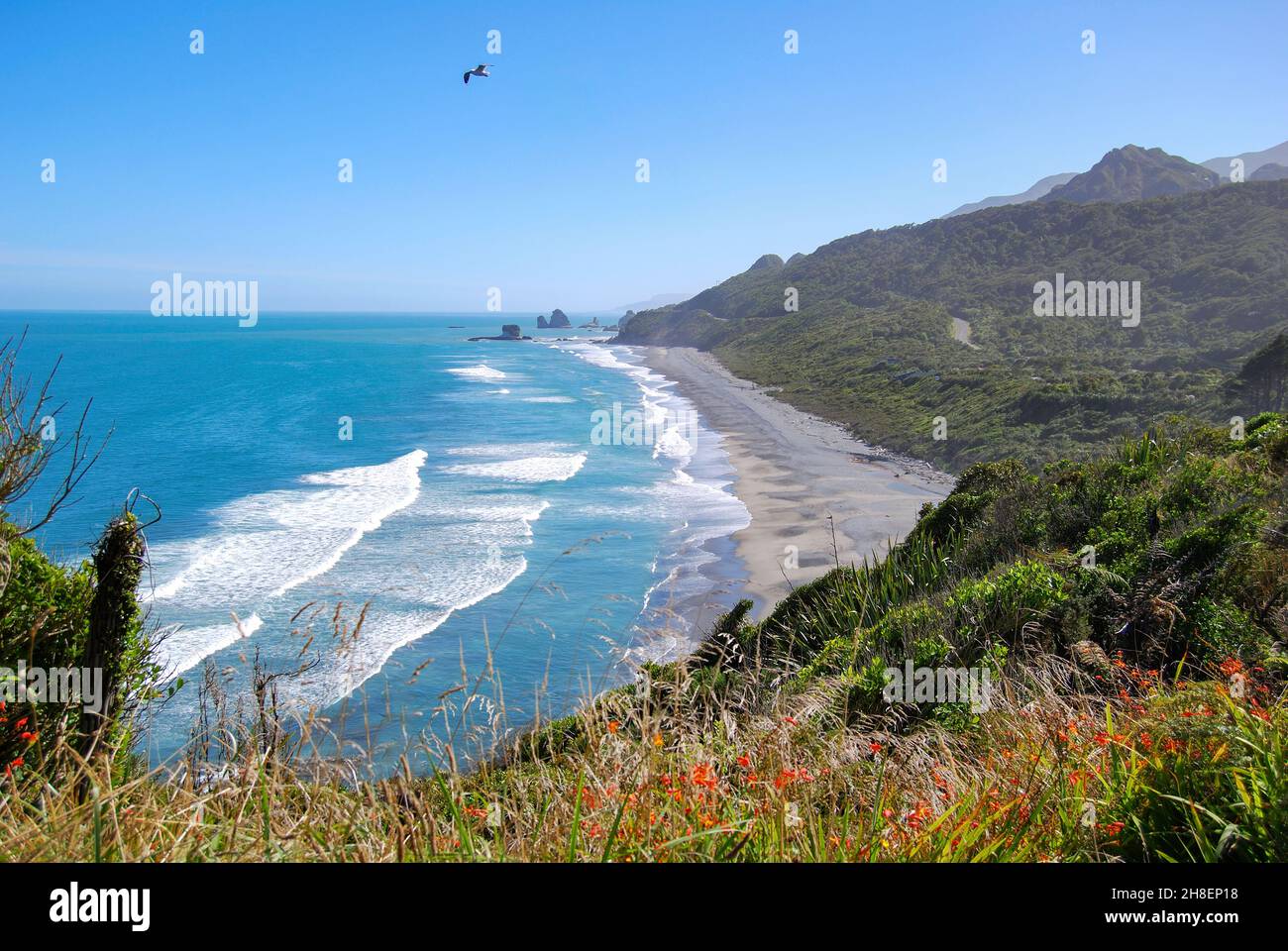 Twelve Mile Beach e Motukiekie Rocks, vicino a Greymouth, West Coast, South Island, Nuova Zelanda Foto Stock