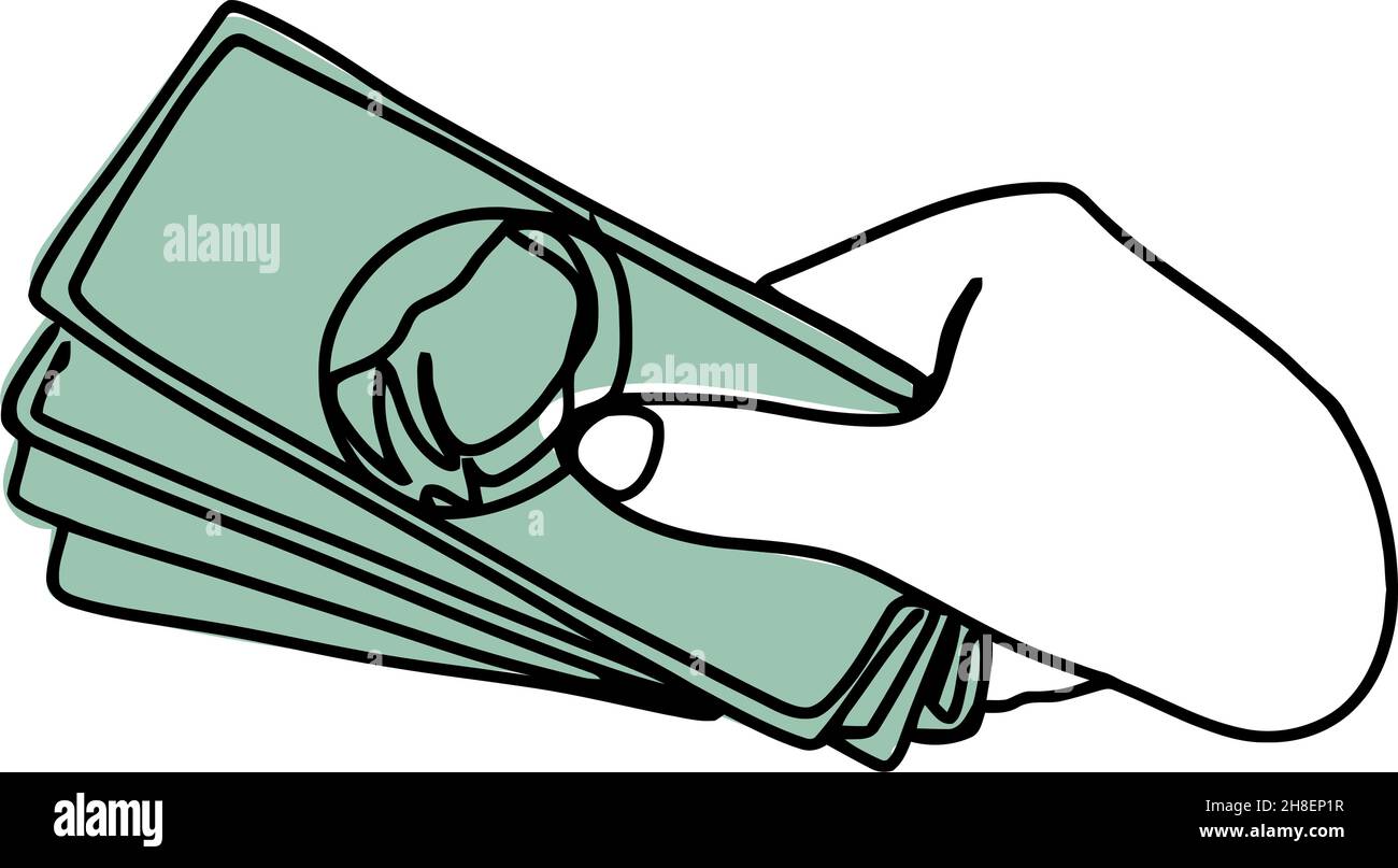 Linea continua di disegno di soldi dollari in mano Illustrazione Vettoriale